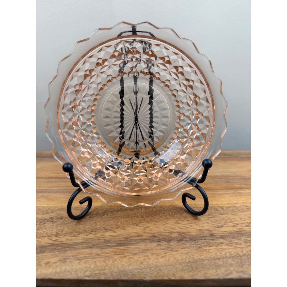 Jeanette Holiday Buttons and Bows Pink Depression Glass Bowl Scalloped 5.75"